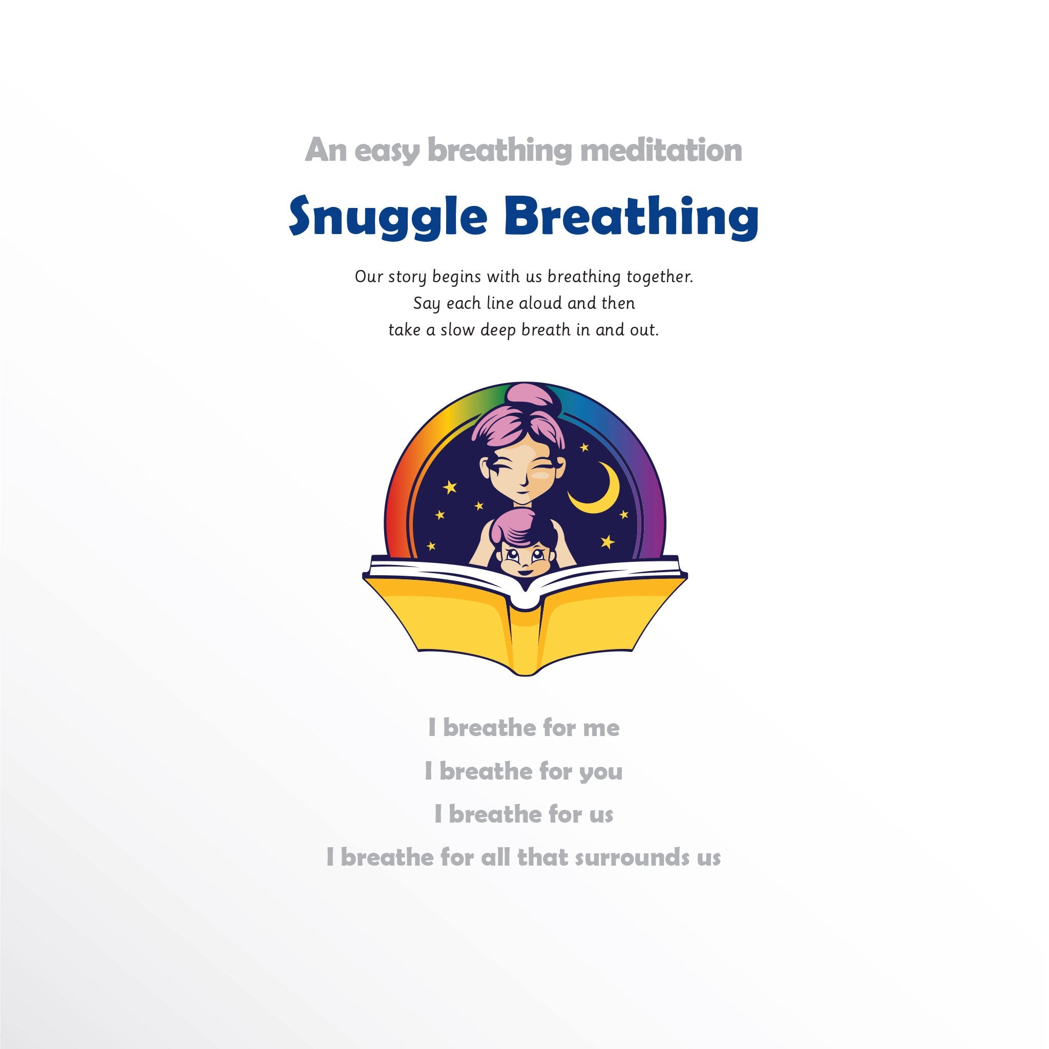 Illustration of a book with a child and cat on a white background, featuring text about snuggle breathing.