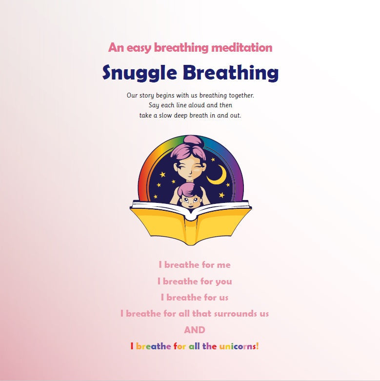 Instructional poster for 'Snuggle Breathing' meditation with a colorful illustration of a child and parent in a book.