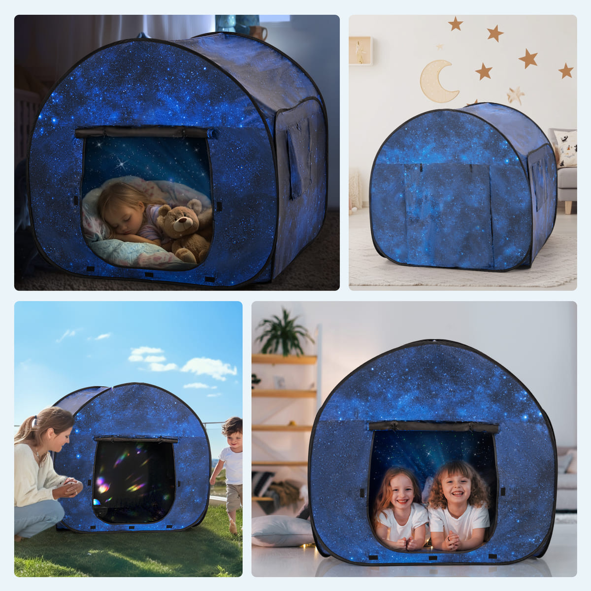 Collage of a blue starry tent with children and teddy bears inside, used indoors and outdoors.