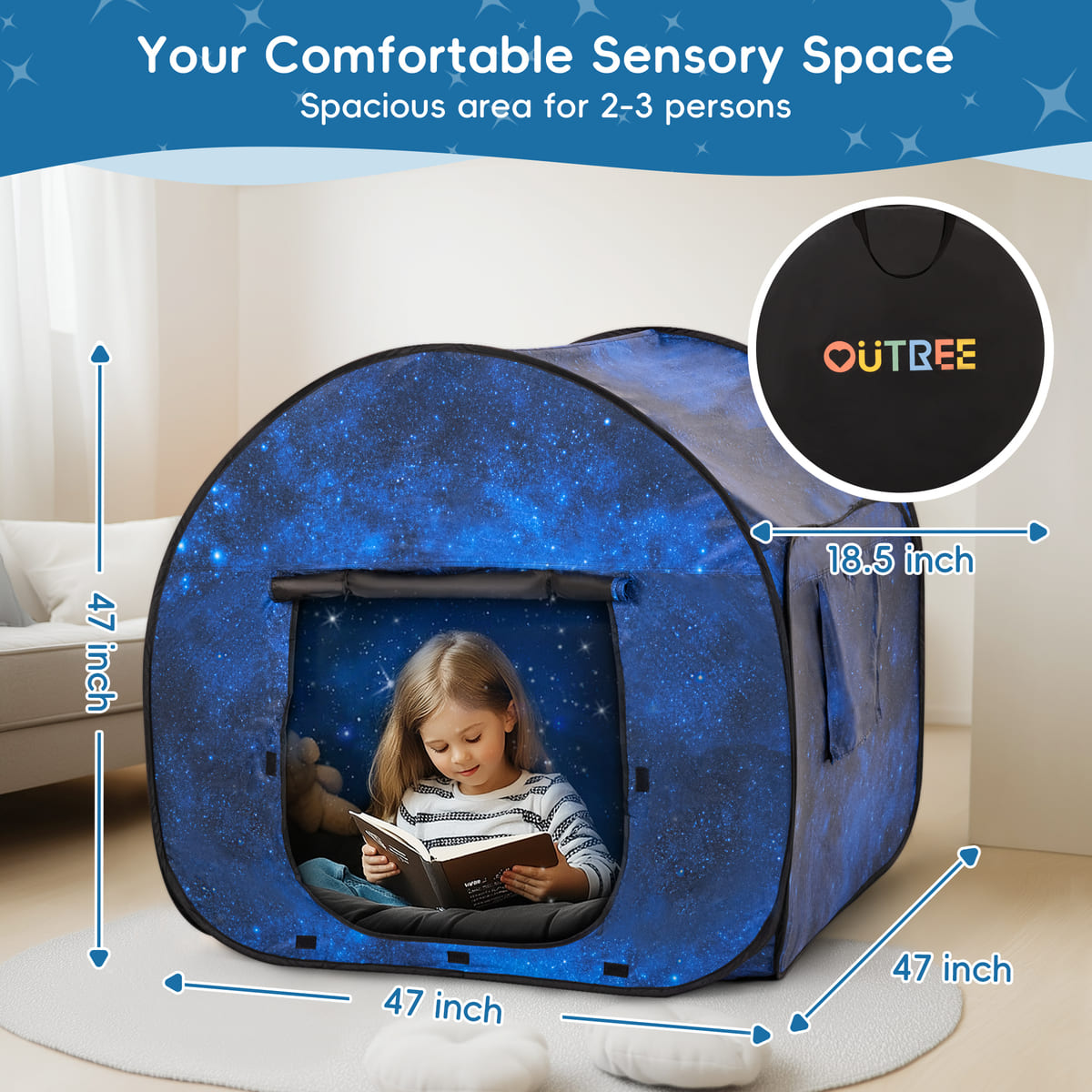 Blue sensory play tent with a child inside, dimensions indicated, and Outree branding.