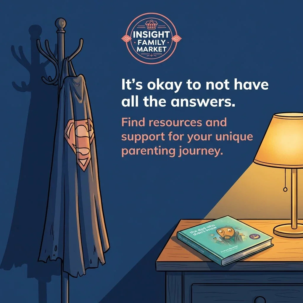 Superhero cape on coat rack, parenting book on table, warm lamp light, parenting support message
