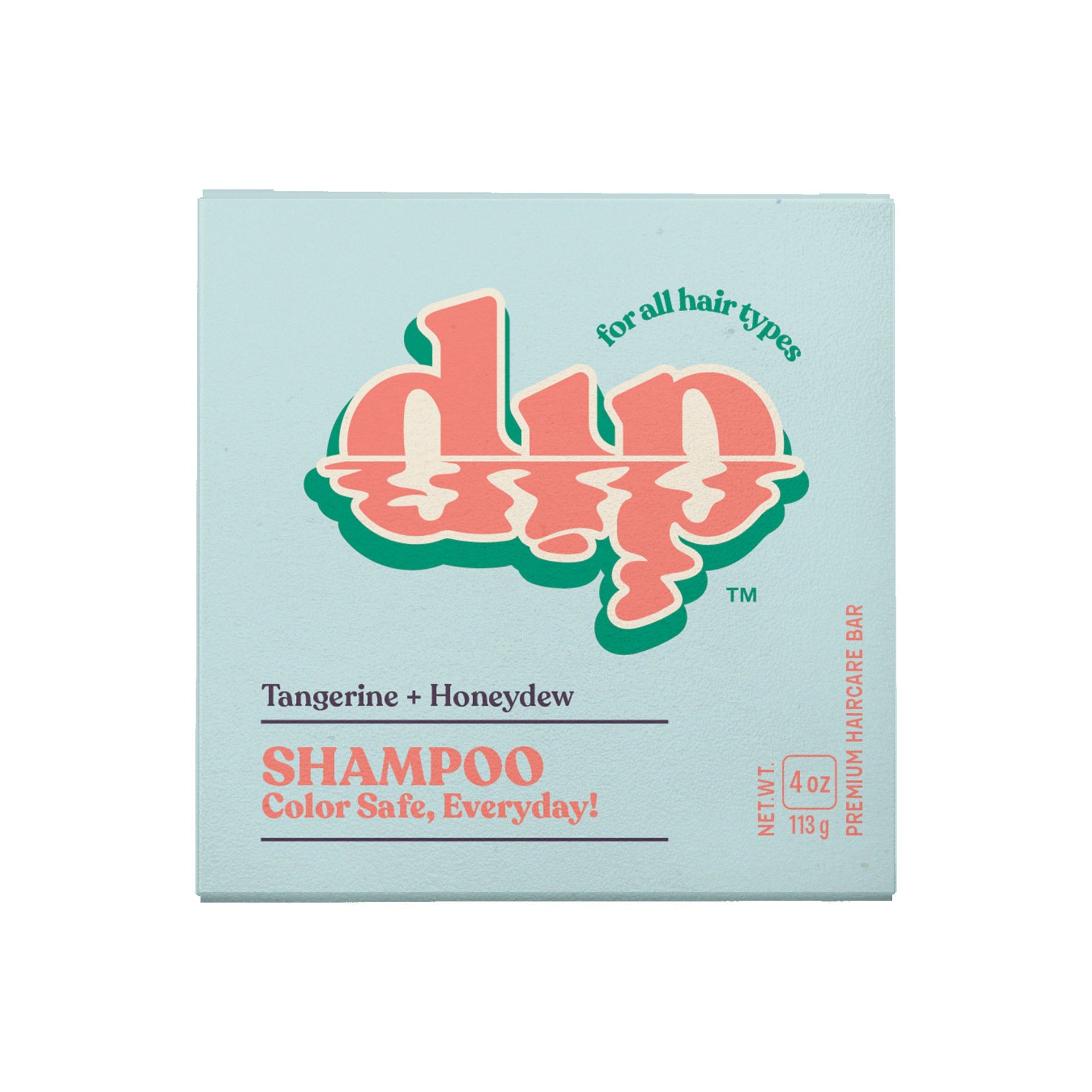 Shampoo bar packaging with 'dhp' branding on a light blue background