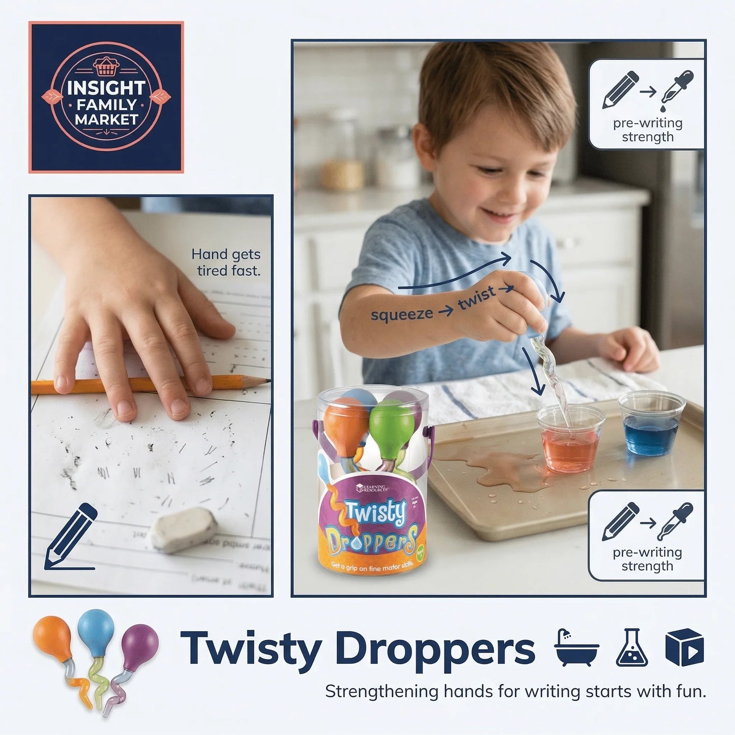 Child strengthening grip using Twisty Droppers with colored water for fine motor skill development