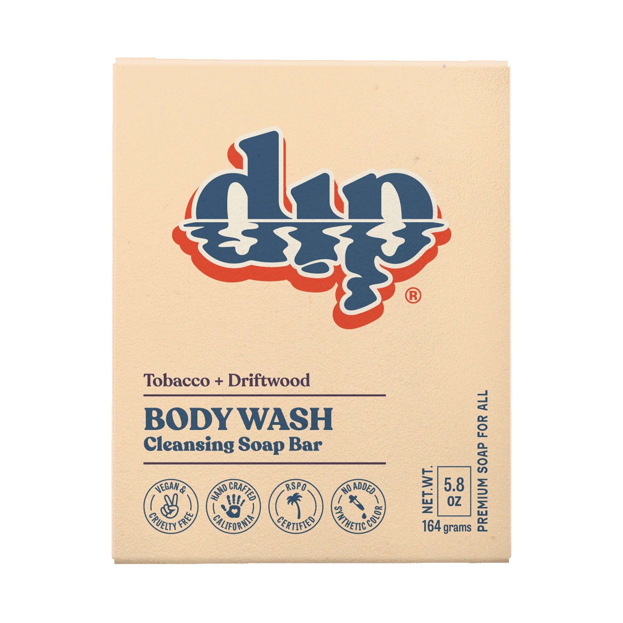 Box of dun body wash cleansing soap bar with logo and product details on a beige background