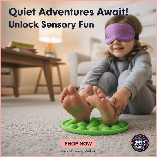 Child with purple eye mask enjoying sensory play on green sensory pad in cozy living room