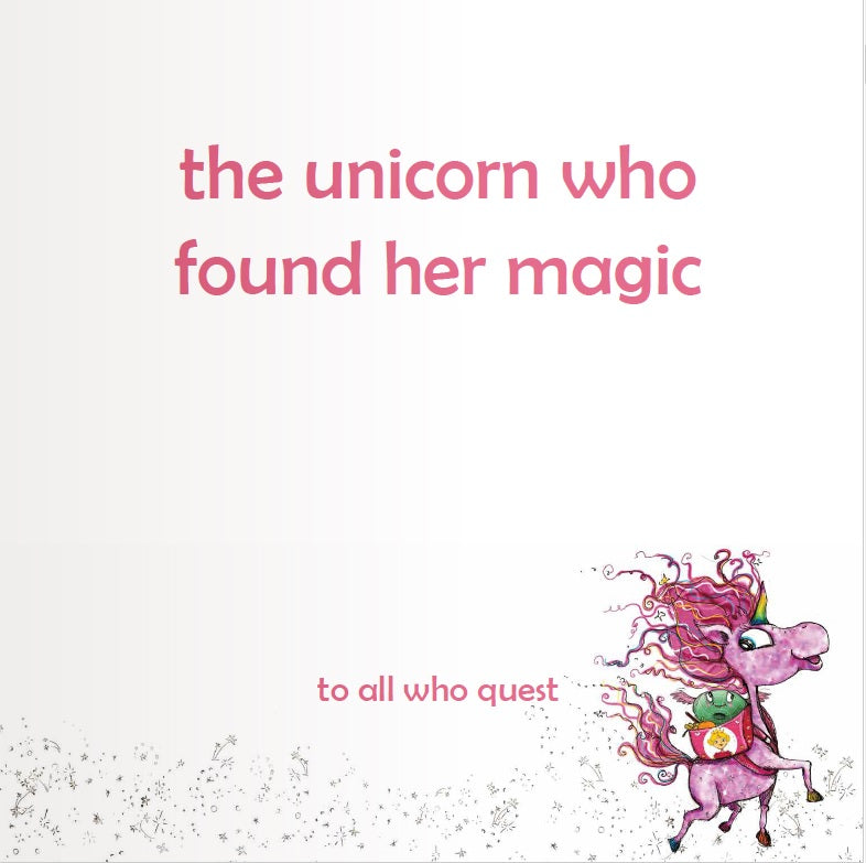 Book cover of 'the unicorn who found her magic' with a pink unicorn and frog on a white background.