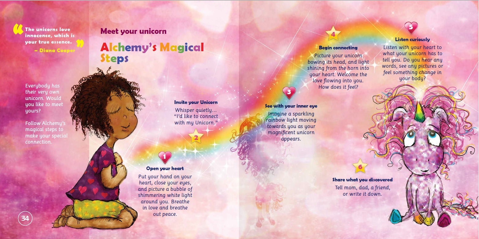 Illustrated book page with a girl and unicorn on a pink background