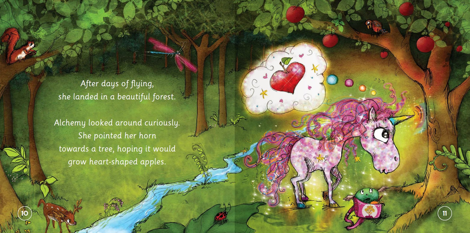 Illustration of a unicorn in a fantasy forest with heart-shaped apples and a stream.