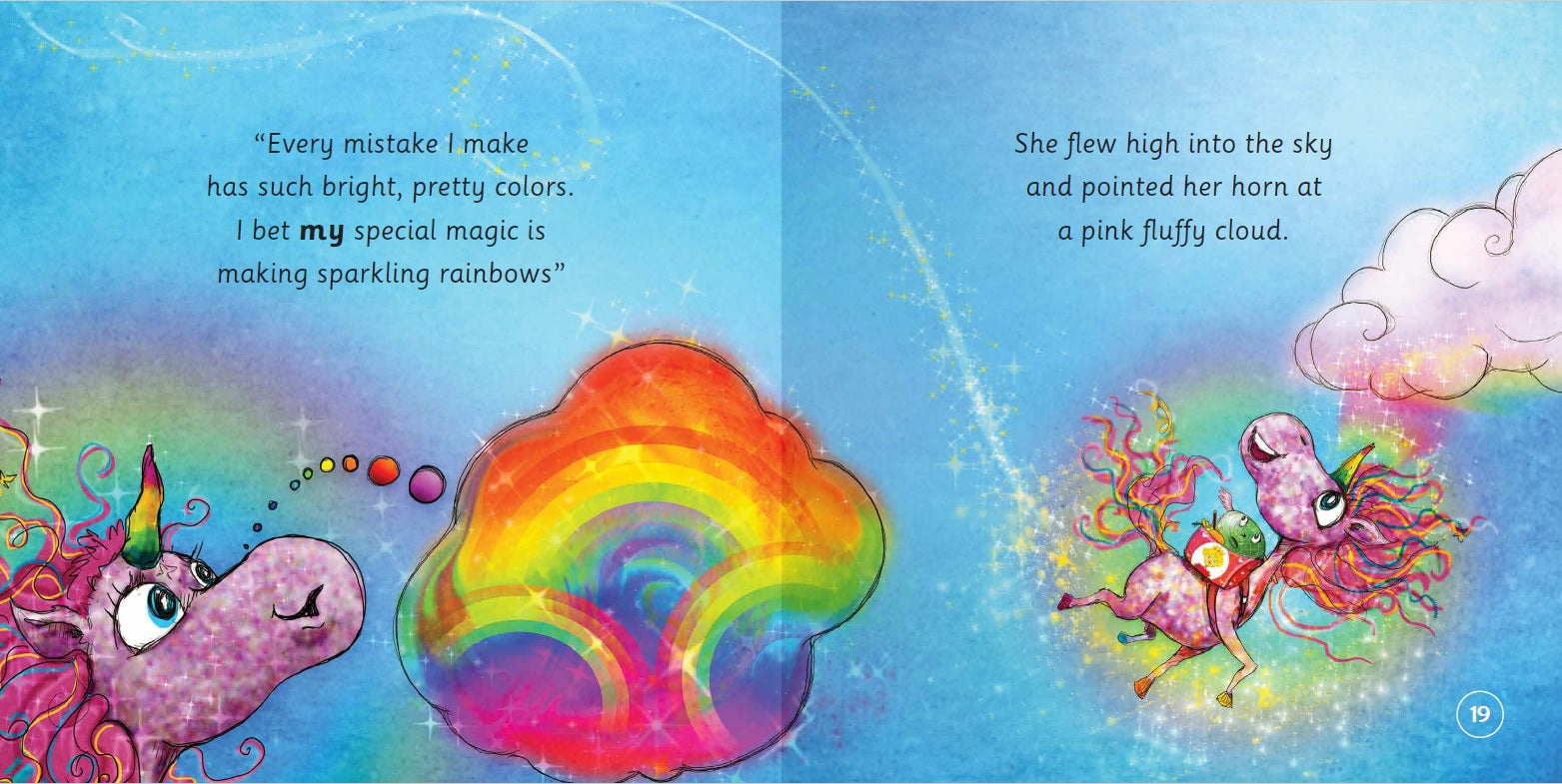Illustration from a children's book with a unicorn, rainbow, and cloud on a blue background.