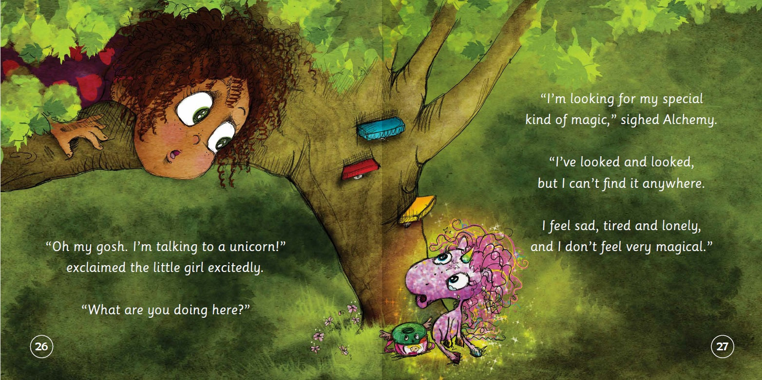 Illustration from a children's book with a girl and unicorn interacting with a tree.