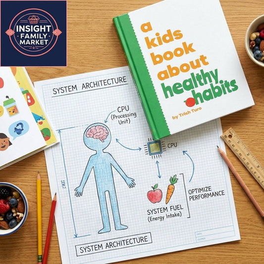 Educational kids book about healthy habits with brain diagram, learning tools, and snacks on desk.