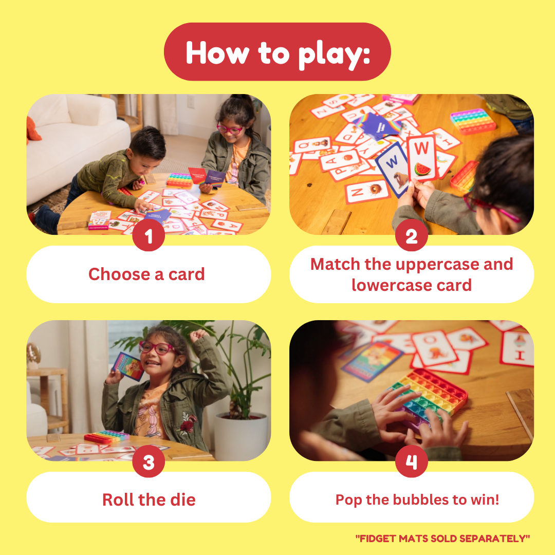 Instructions for a card game with children playing on a yellow background
