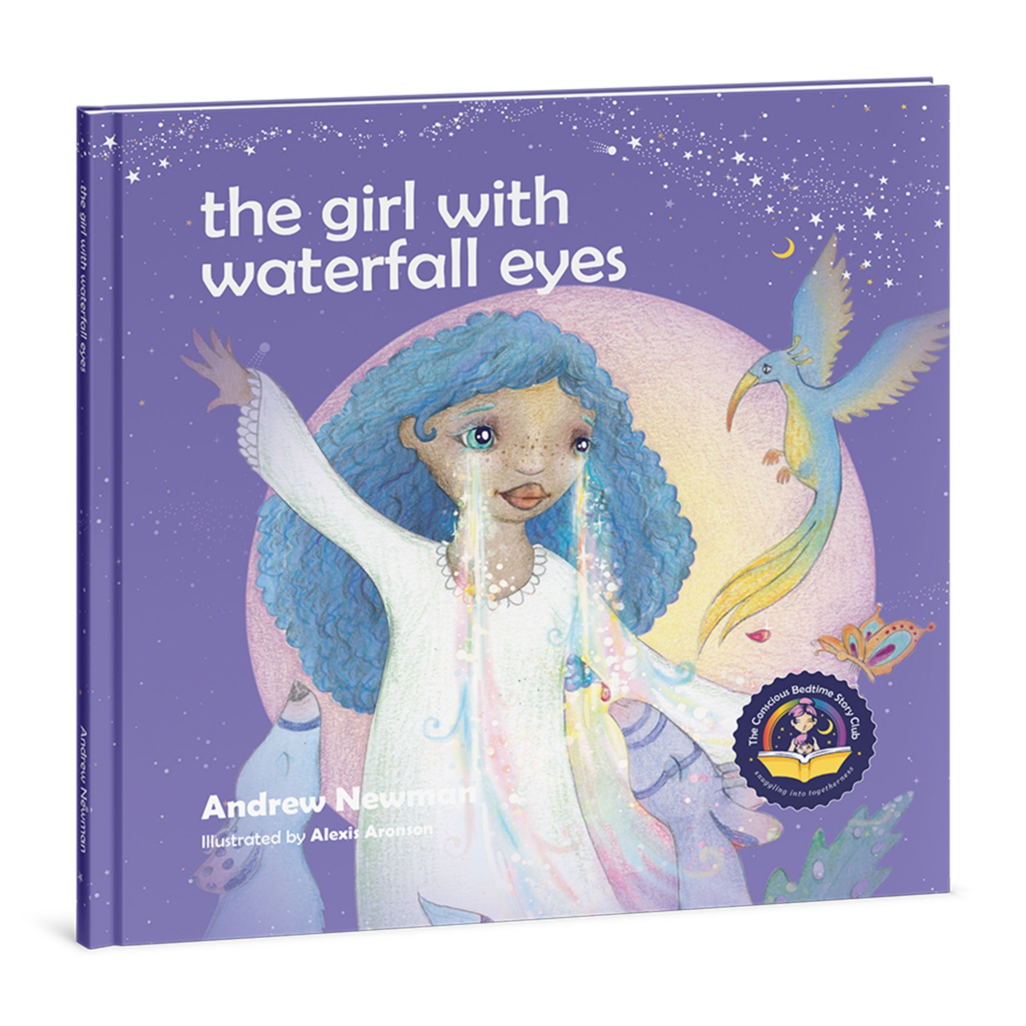 Book cover of 'the girl with waterfall eyes' featuring a girl with blue hair and a bird on a purple background.