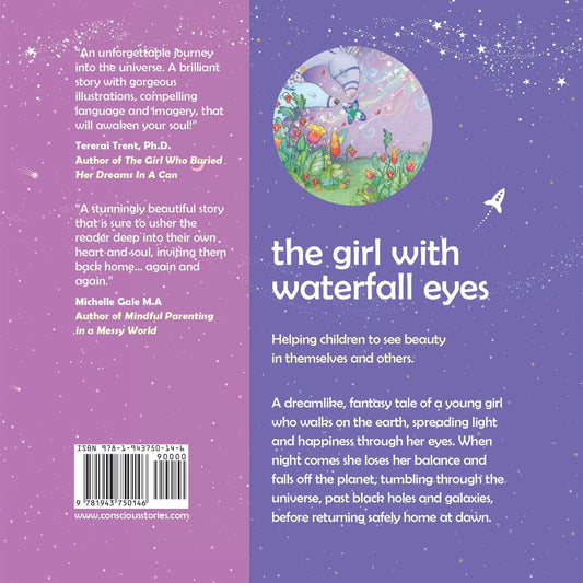 Back cover of 'The Girl with Waterfall Eyes' children's book, featuring dreamy space and flower illustrations, supportive parenting reviews, and a brief story description for families seeking evidence-based, sensory-friendly resources.