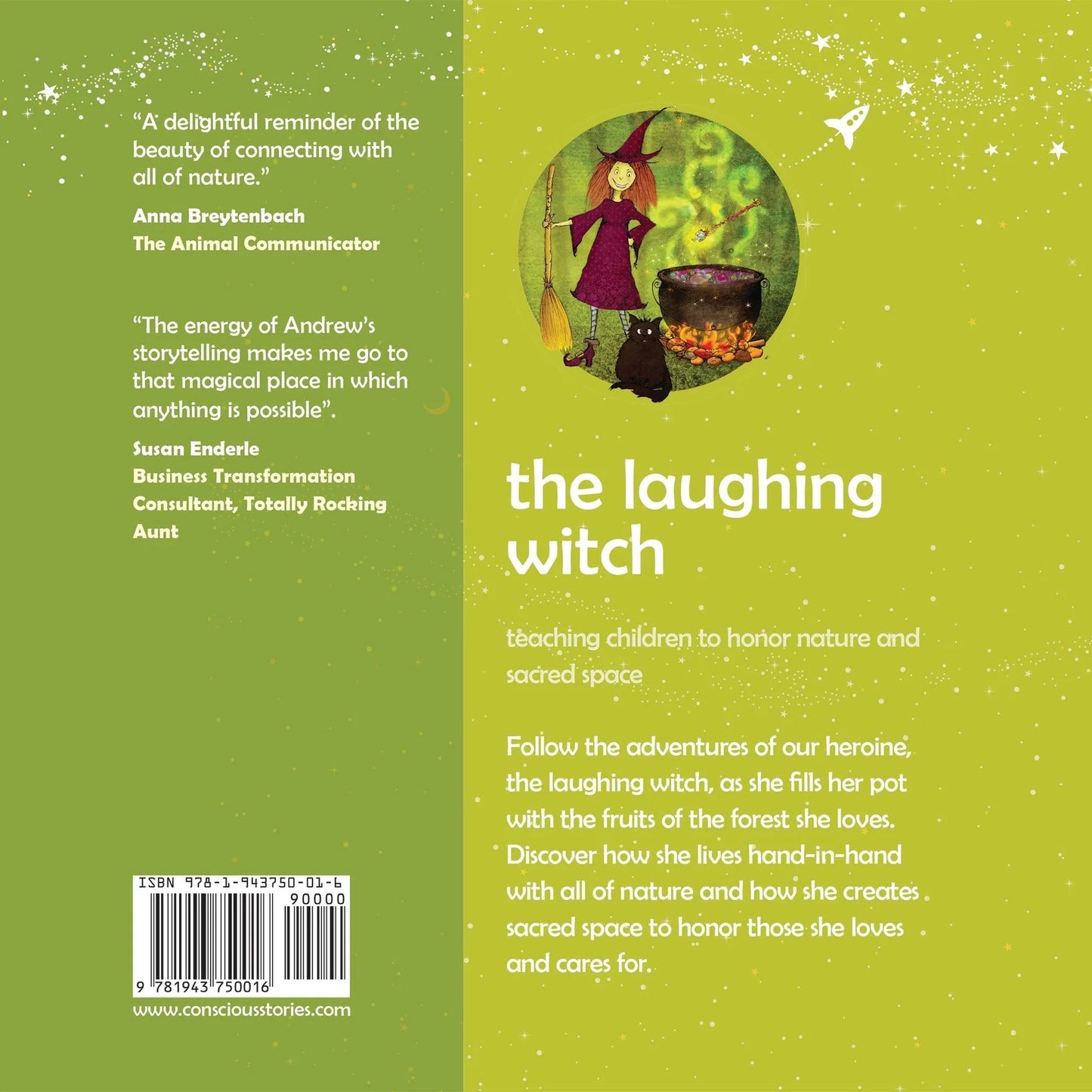Back cover of 'The Laughing Witch' children's book with cartoon witch, cauldron, and starry background.