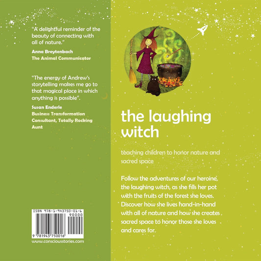 Back cover of 'The Laughing Witch' children's book with cartoon witch, cauldron, and starry background.