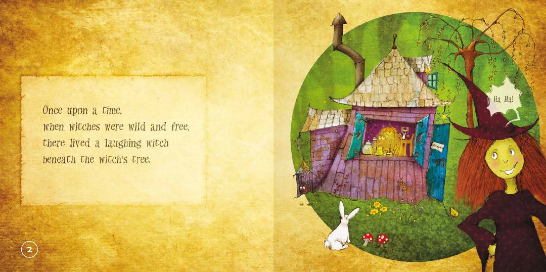 Illustration of a witch's house and a rabbit with text on a yellow background