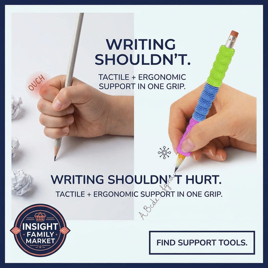 Child’s hand holding pencil with and without ergonomic grip, tactile writing support tool