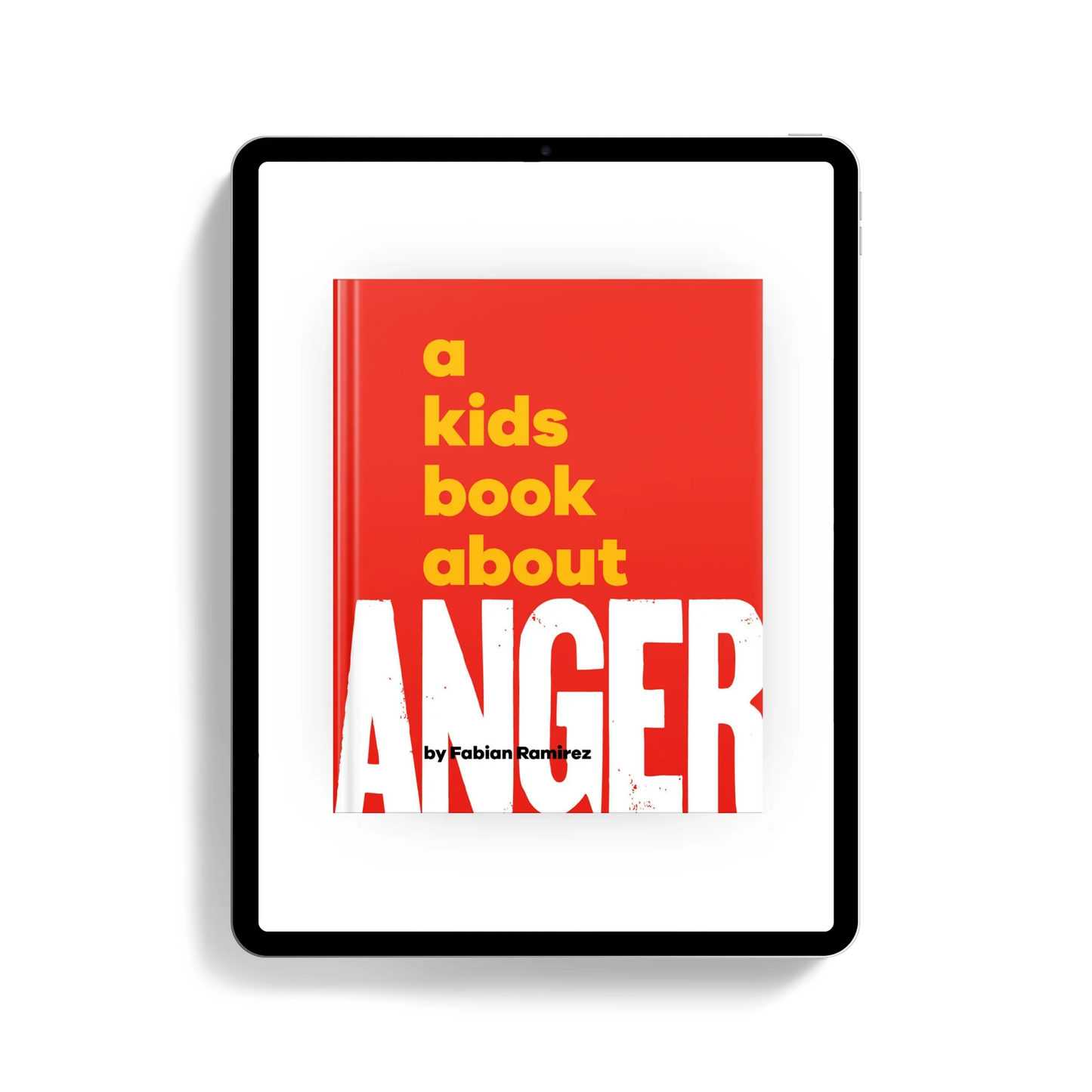 Kids anger management eBook cover shown on tablet with bold red and yellow design