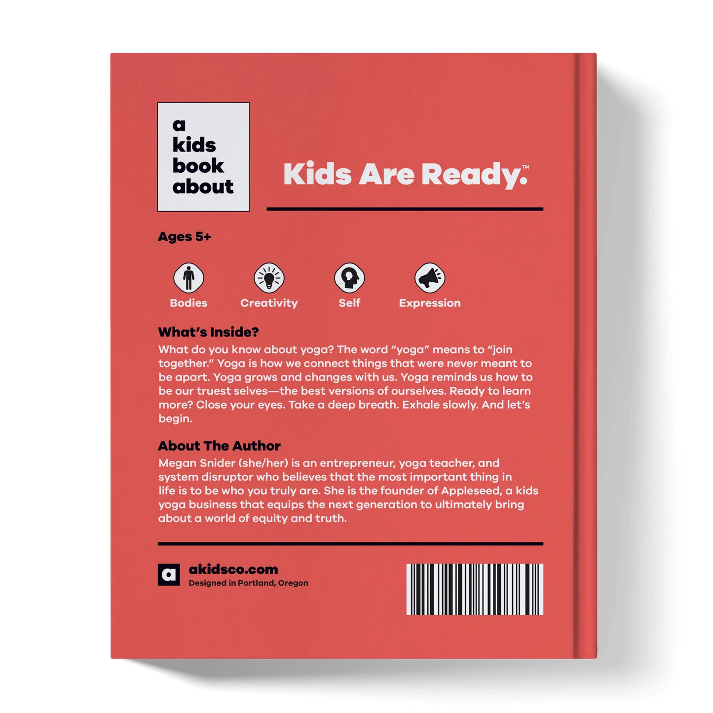 Back cover of a kids book about yoga, highlighting bodies, creativity, self, and expression.
