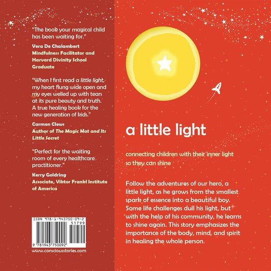 Back cover of 'a little light' children’s book with star illustration, testimonial quotes, and book summary on a red background.