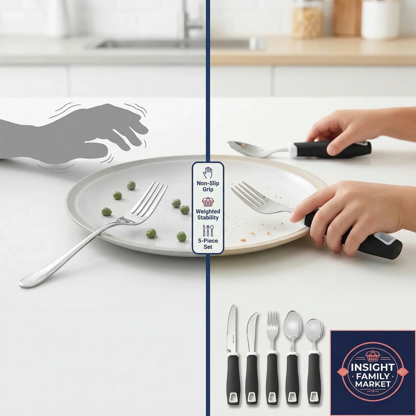 Knife set with black handles on a kitchen counter, featuring a hand holding a knife and a plate with cutlery.