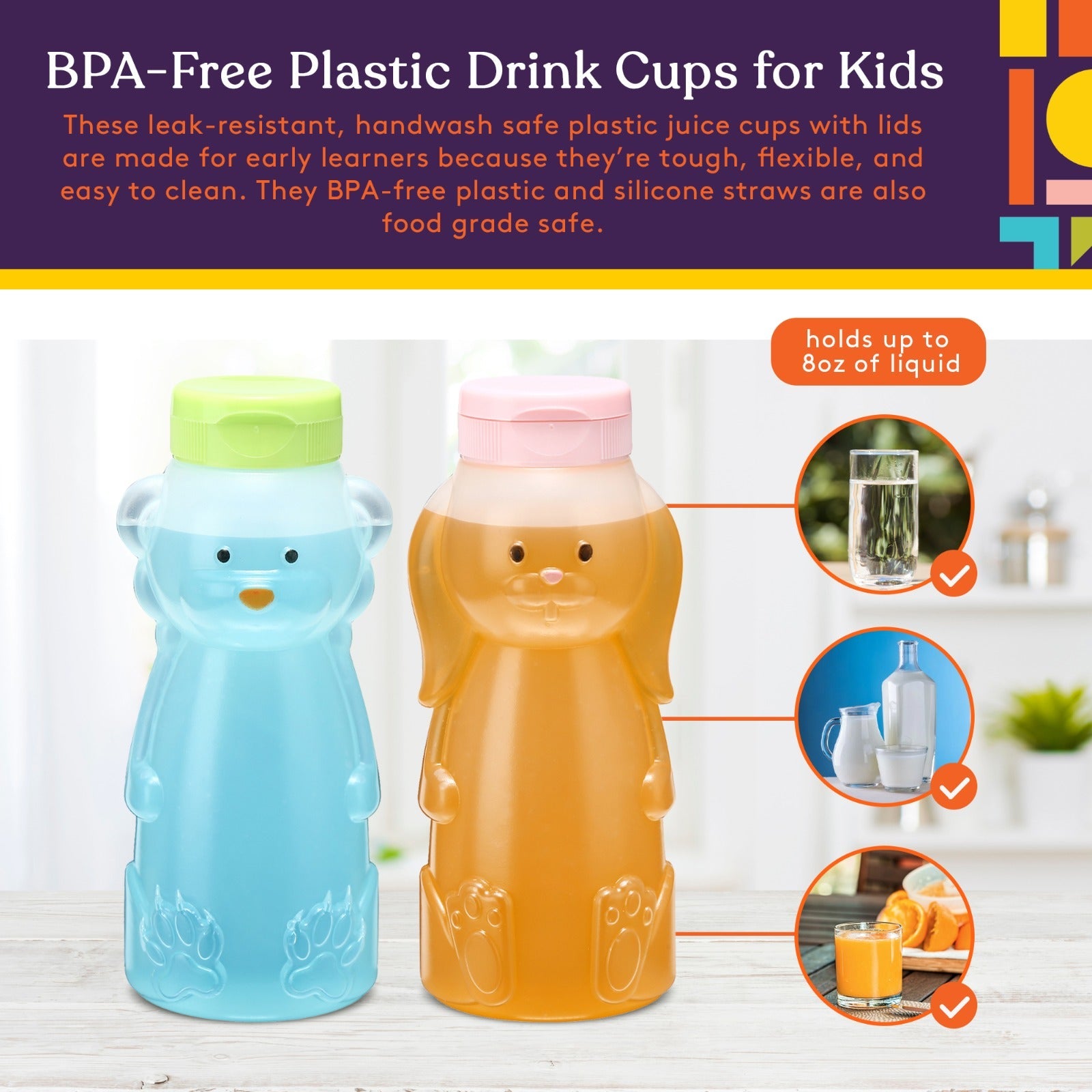 BPA-free plastic drink cups for kids with bear and honeycomb designs on a white background.