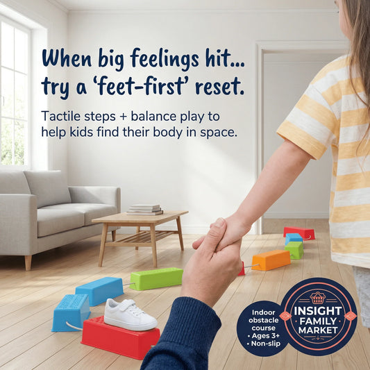 Child using a sensory balance obstacle course with tactile steps in a living room setting.