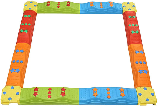 Colorful sensory balance beam set with textured panels and star shapes for kids' motor skills