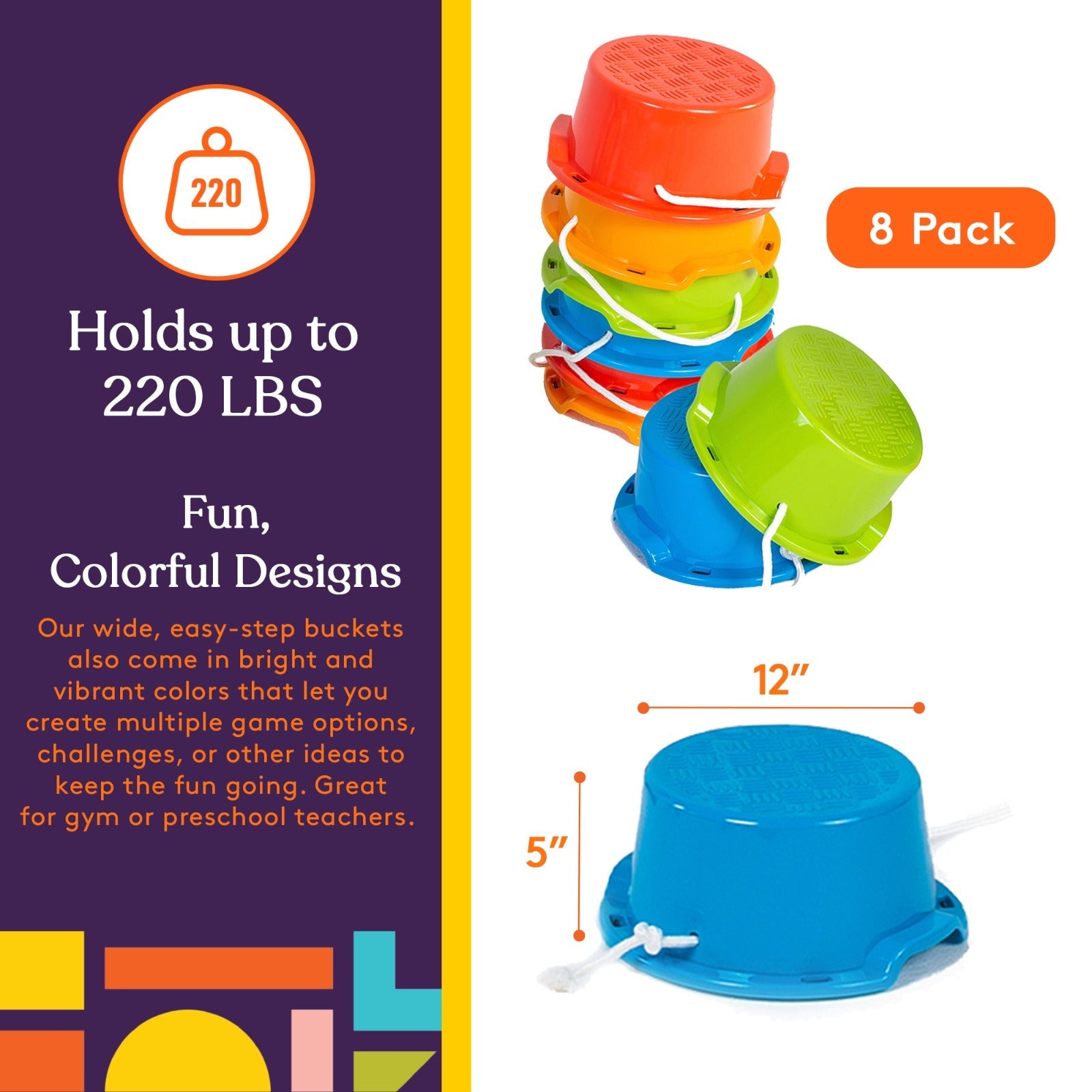 Set of colorful buckets with text highlighting weight capacity and features on a purple and white background.