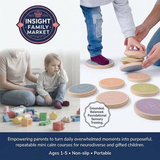 Children playing with colorful wooden discs on a white background, with 'Insight Family Market' branding.
