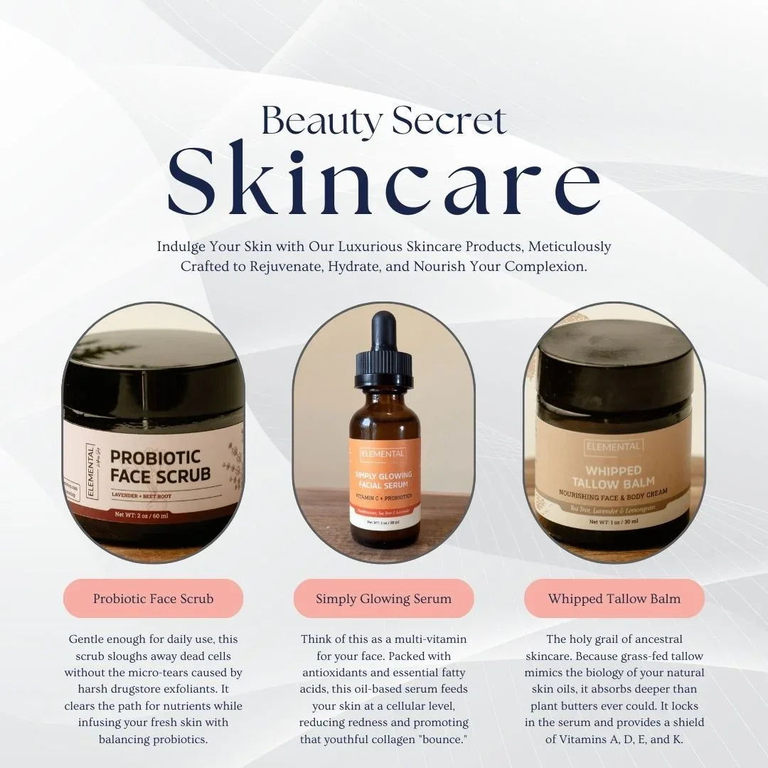 Three natural skincare products: probiotic face scrub, facial serum, and tallow balm in jars.