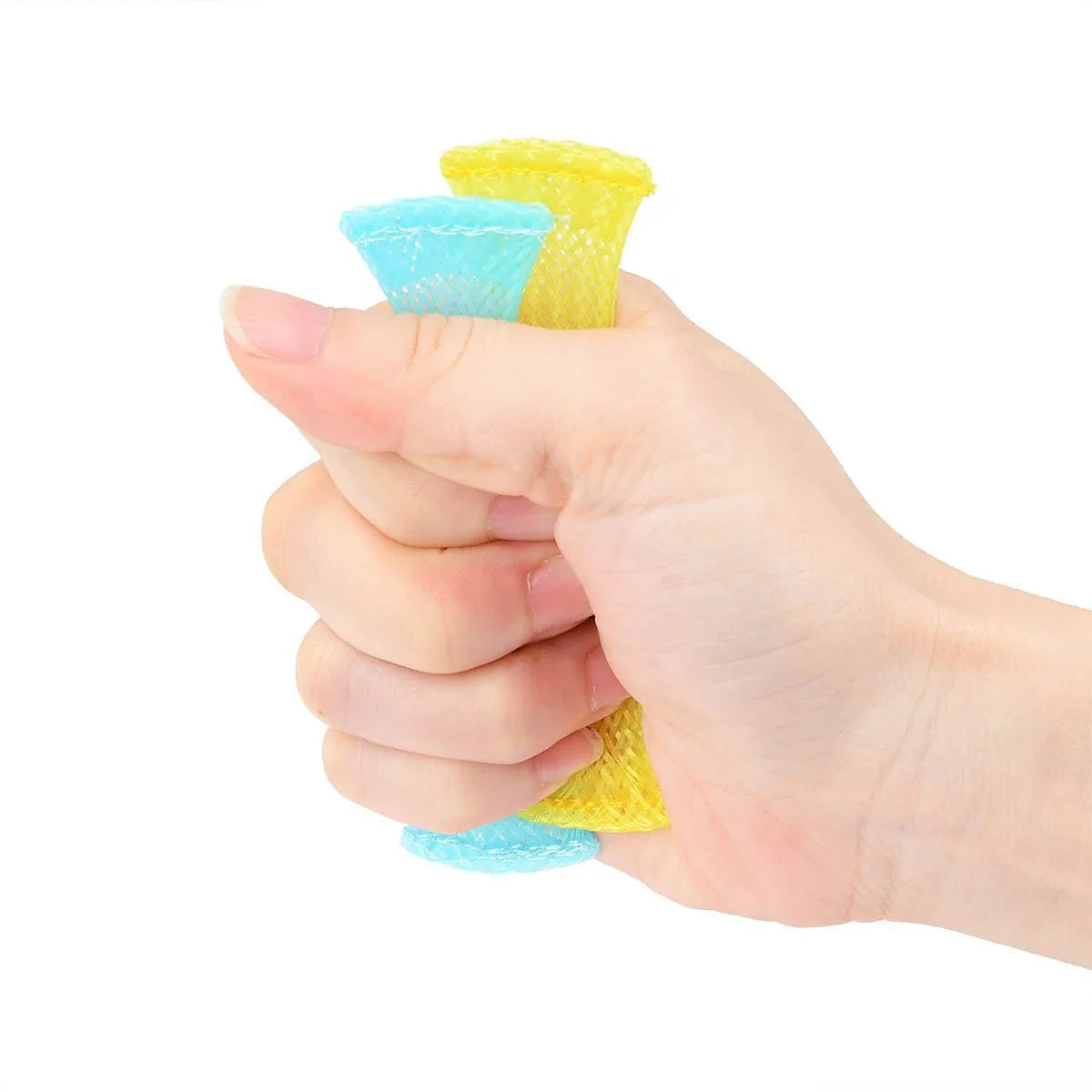 Hand squeezing mesh and marble sensory fidget toys, blue and yellow, for stress relief.