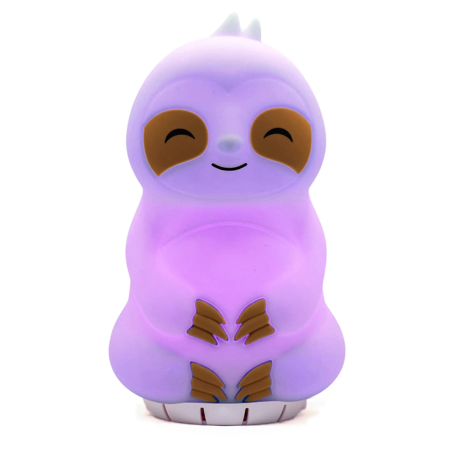 Purple sloth-shaped sensory night light for kids with smiling face on white background