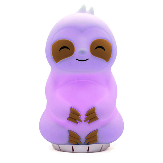 Purple sloth-shaped sensory night light for kids with smiling face on white background