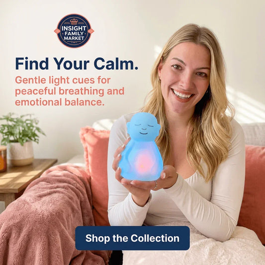Smiling woman holding calming sensory night light for relaxation and emotional support