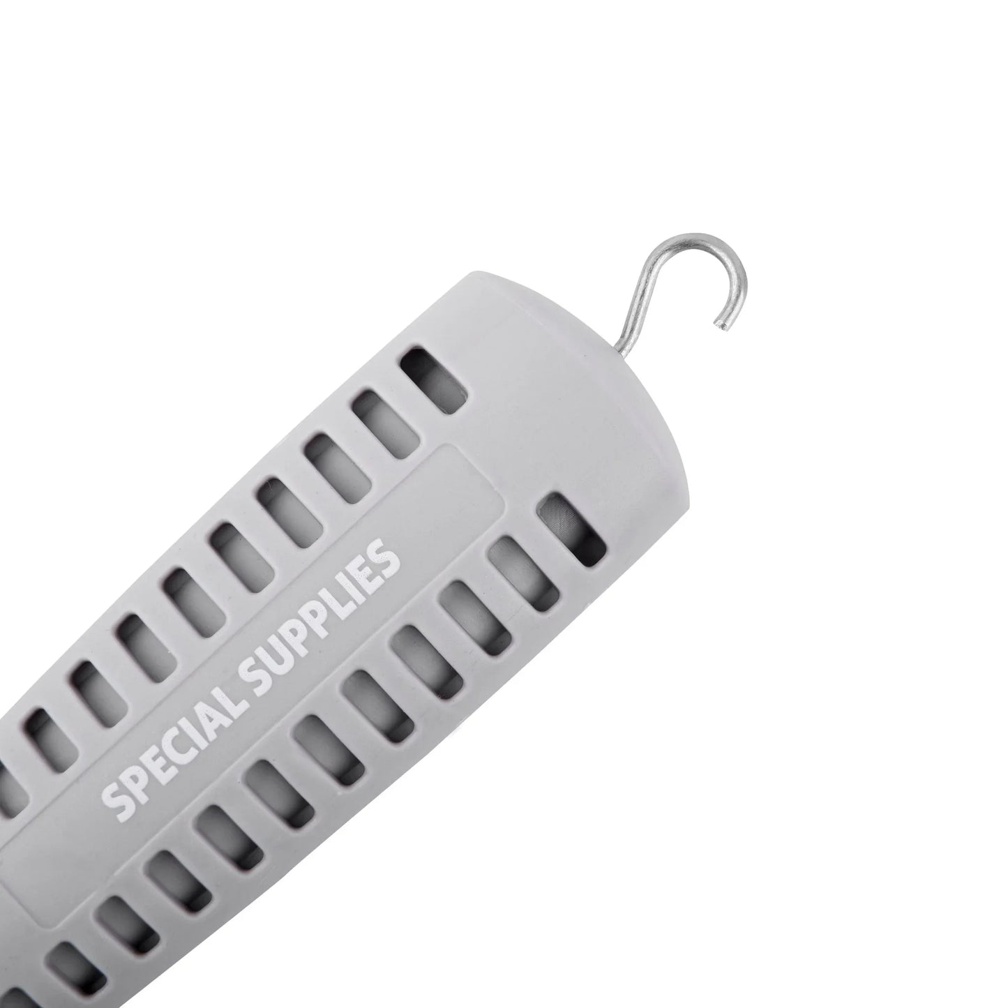 Gray sensory-friendly chewable necklace with ventilation slots and hook
