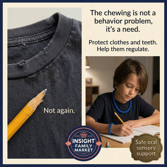 Child wearing blue sensory chew necklace, chewed pencil and shirt, safe oral sensory support.