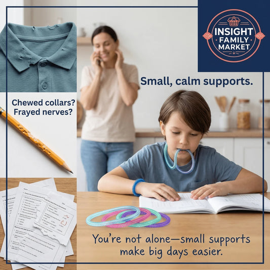 Child using sensory chew necklace while studying at table, sensory support tools visible, mother in background.