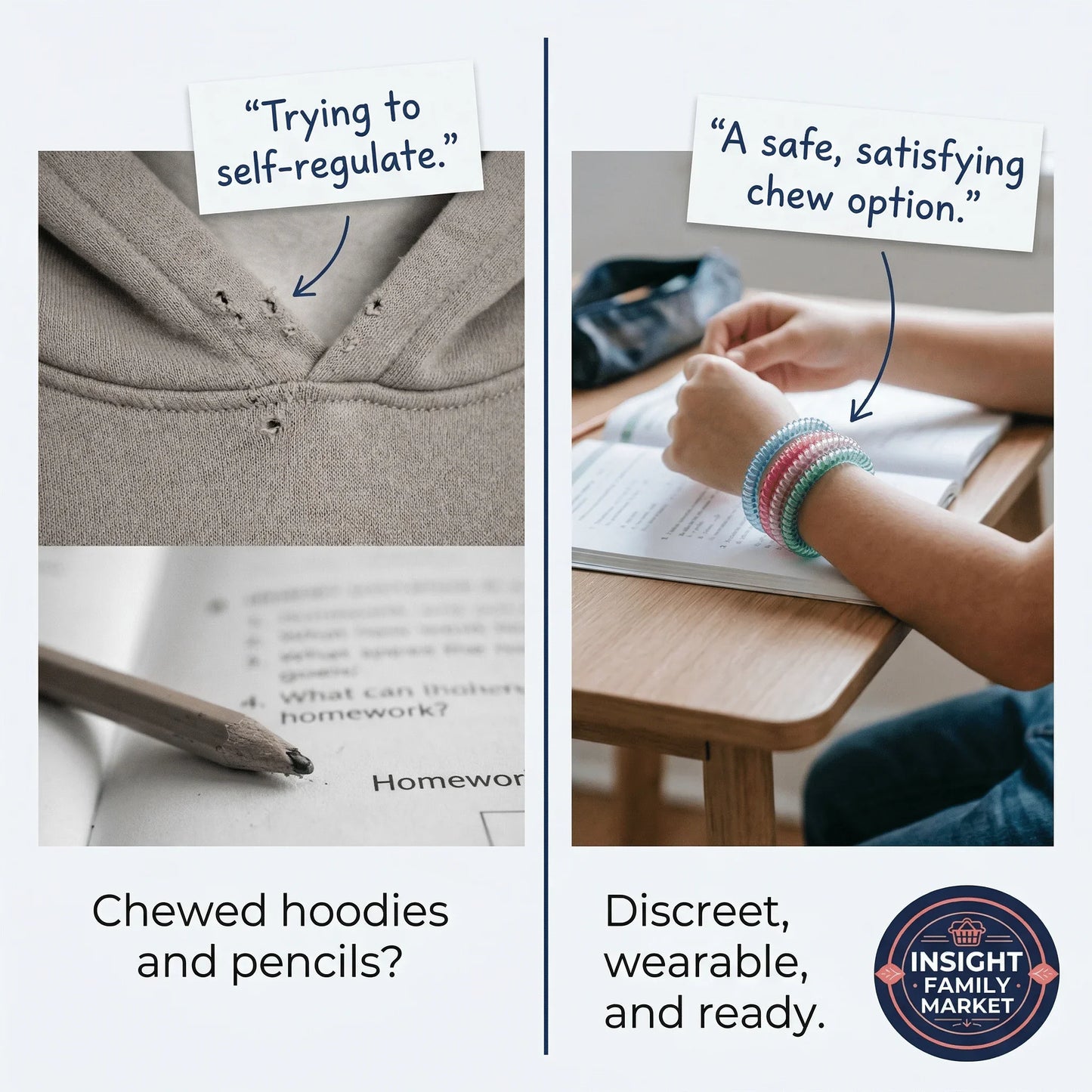 Comparison of chewed hoodie and pencil with child wearing sensory chewable bracelets for self-regulation.