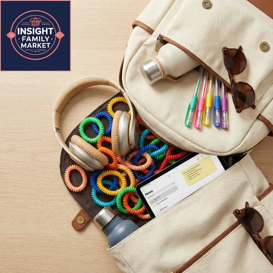 Sensory support school supplies in beige backpack with fidget coils, headphones, water bottles, and pens.