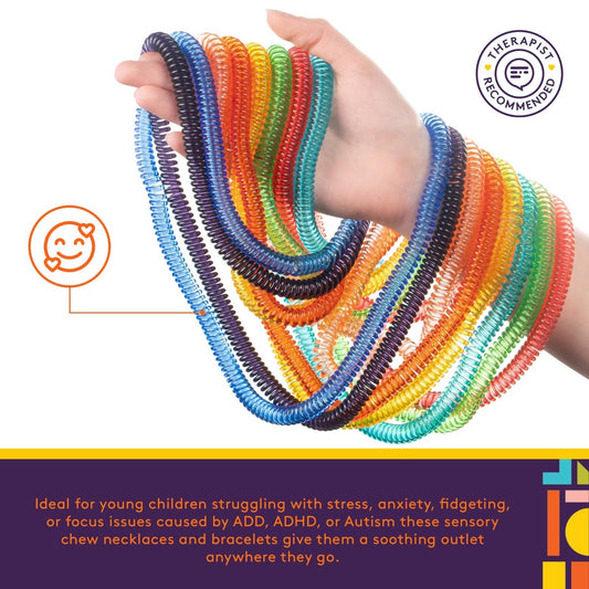 Special Supplies Chewy Jewelry Sensory Translucent Necklaces and Bracelets, 16 Pack, Soft and Flexible Silicone, Interactive Stress and Anxiety Relief for Kids, Supports ADD, ADHD, Autism - Insight Family Market