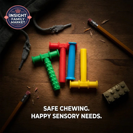 Colorful sensory chew sticks on a wooden table with pencils and Lego for sensory support.