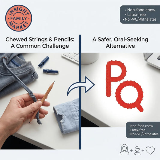 Comparison of chewed pencil and hoodie string with safe, red sensory chew tools on desk.