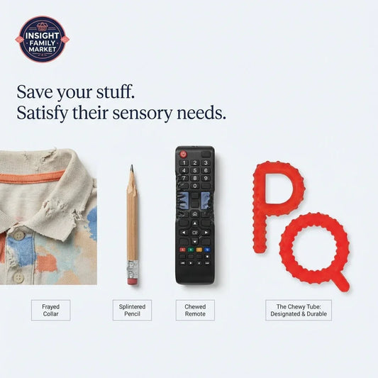 Frayed shirt collar, chewed pencil, damaged remote, and durable red sensory chew toys.