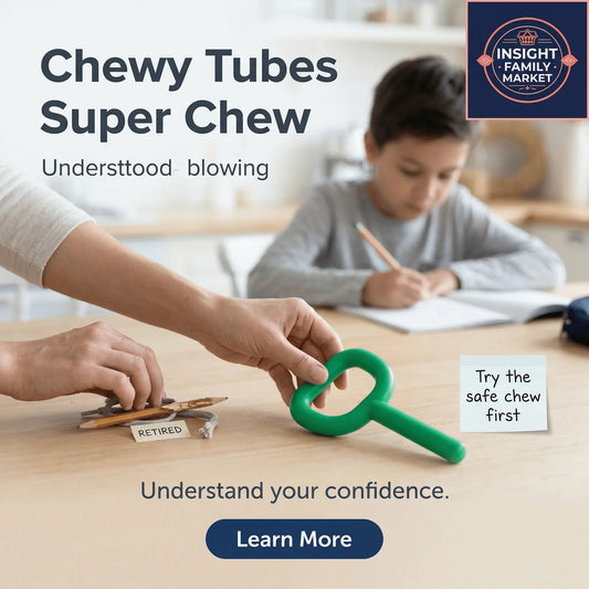 Adult hand offering green chewy tube for sensory oral support, child studying at desk