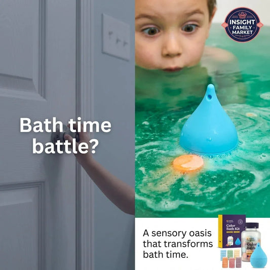 Child amazed by colorful sensory bath kit with floating blue toy and bath tablets.