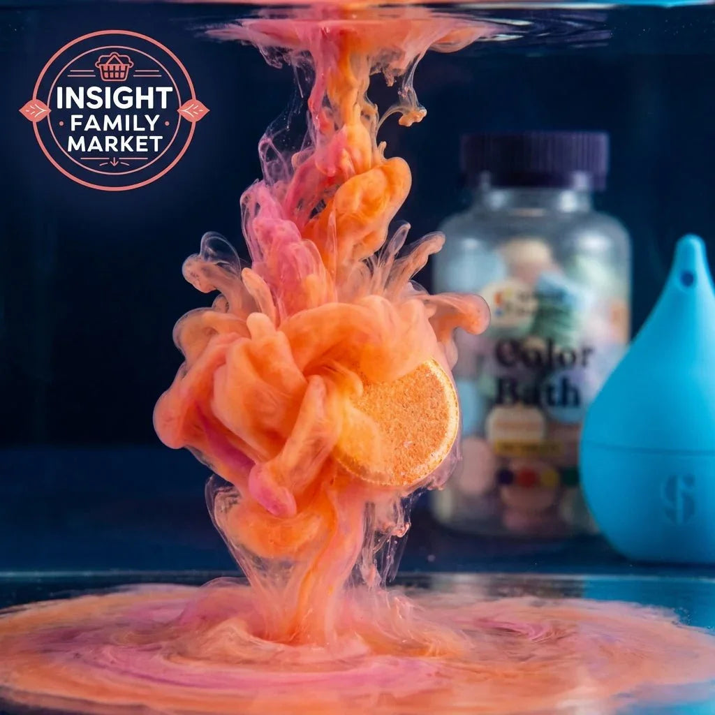 Colorful bath bomb fizzing in water with sensory-friendly bath products in background
