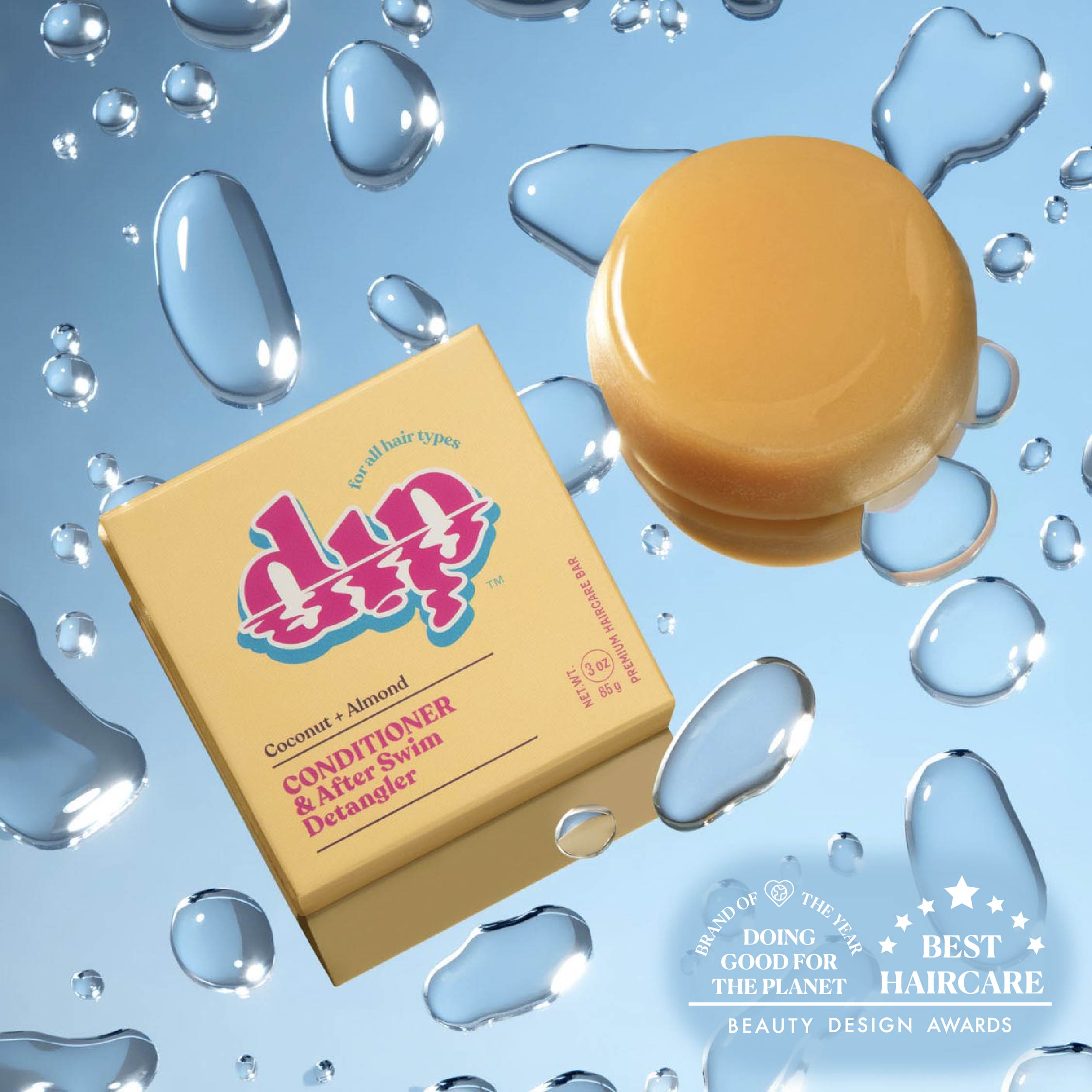 Dio soap bar and packaging on a blue background with water droplets