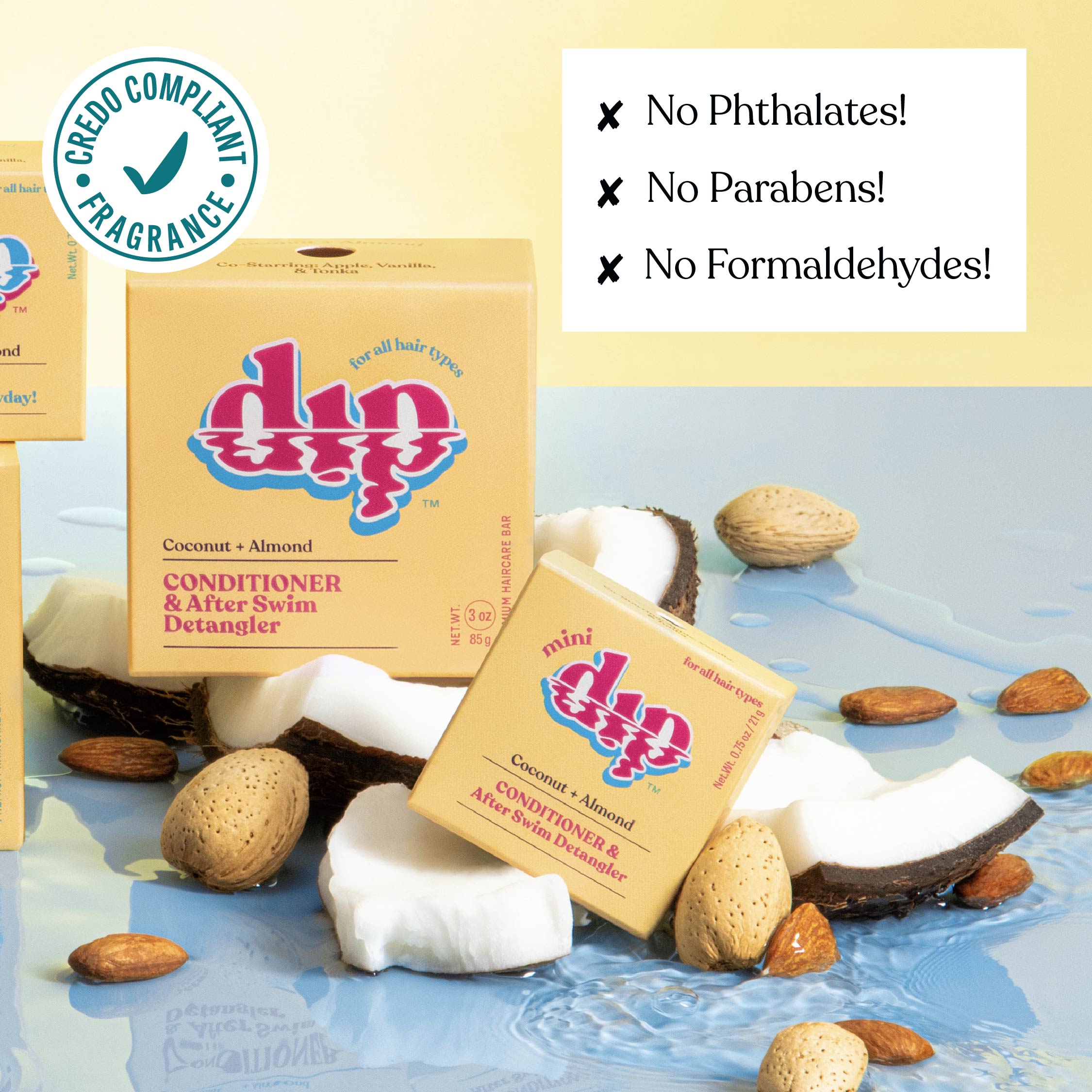Dip conditioner and after swim detangler packaging with coconut and almond elements on a water-themed background.